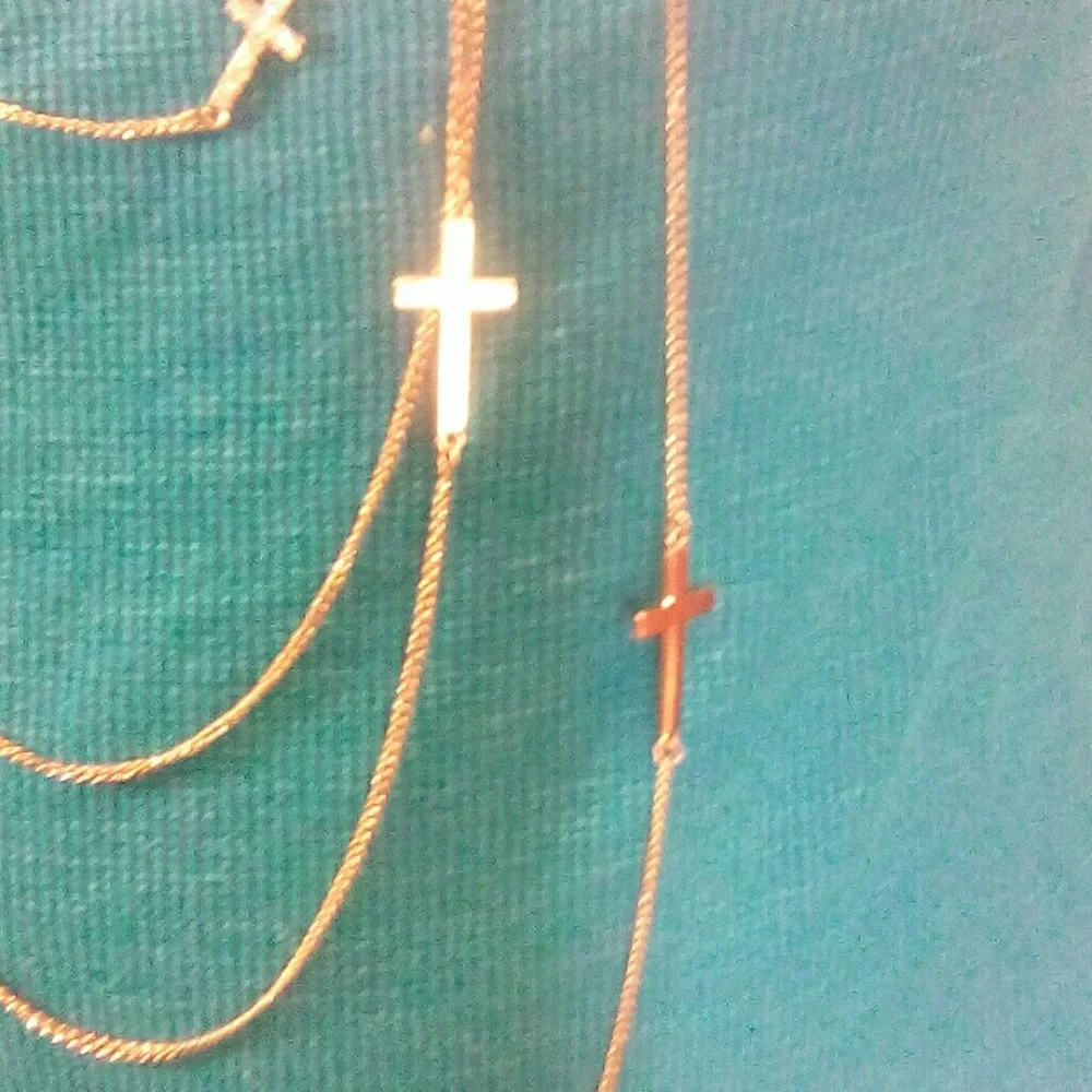 Multi Chain Gold Tone necklace w/Crosses EUC